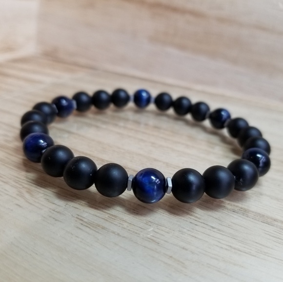 Blue Tiger Eye & Onyx Gemstone Stretch Bra… - Picture 6 of 7